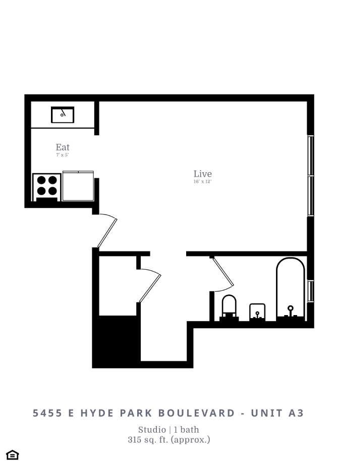 Floor plan for studio, 1 bath, 315 sqft